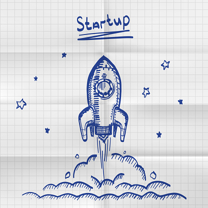 Exercise book sketch rocket startup. Creative idea for startup. Vector illustration