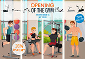 Gym opening advertising poster with men on exercise equipment and information about discounts vector illustration