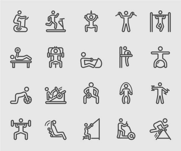 ilustrações de stock, clip art, desenhos animados e ícones de exercise with equipment line icon - elemento ginásio