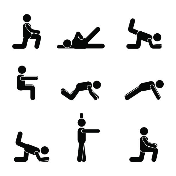 ilustrações de stock, clip art, desenhos animados e ícones de exercises body workout stretching man stick figure. healthy life style vector pictogram - steps