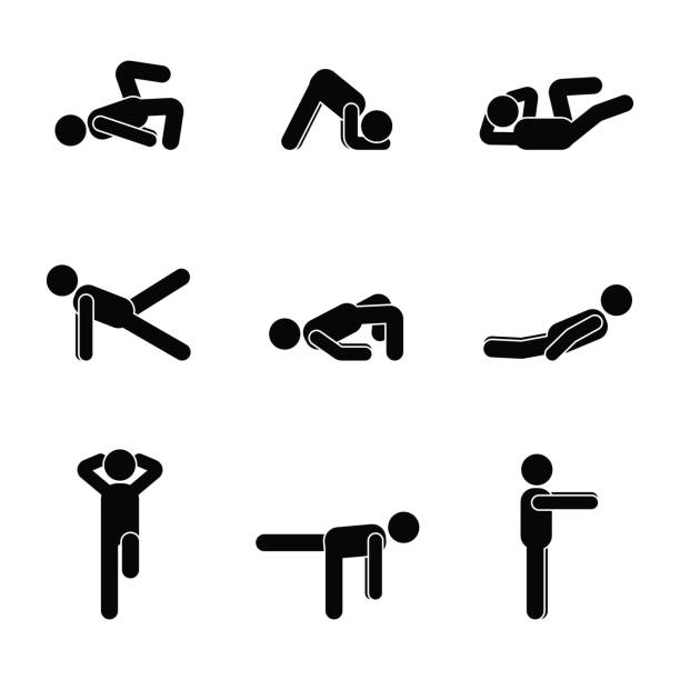 ilustrações de stock, clip art, desenhos animados e ícones de exercises body workout stretching man stick figure. healthy life style vector illustration pictogram - steps