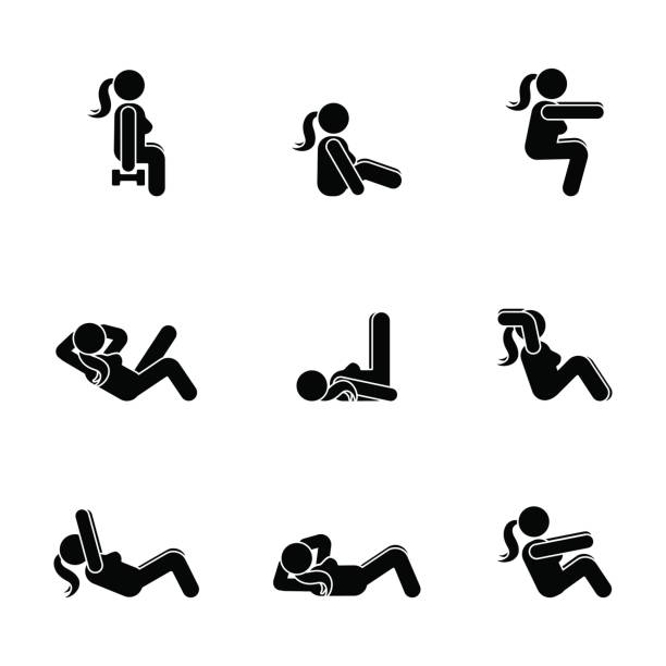 ilustrações de stock, clip art, desenhos animados e ícones de exercises body workout stretching woman stick figure. healthy life style vector illustration pictogram - steps
