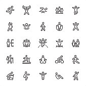 Exercising and Sport - 25 Outline Style - Single black line icons - Pixel Perfect / Pack #90
Icons are designed in 48x48pх square, outline stroke 2px.

First row of outline icons contains:
Running, Weightlifting, Swimming, Winners, Jumping;  

Second row contains:
Exercising, Diving, Walking, Skipping, Gym;

Third row contains:
Training Plan, Group of People, Finishing, Individual Training, Family Sport;

Fourth row contains:
Hiking, Treadmill, Yoga, Cycling, Stretching;

Fifth row contains:
Exercise Bike, Squats, Winner, Sit - ups, Aerobics.

Complete Grandico collection - https://www.istockphoto.com/collaboration/boards/FwH1Zhu0rEuOegMW0JMa_w
