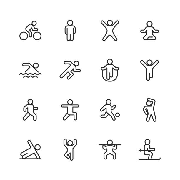 Exercising Line Icons. Editable Stroke. Pixel Perfect. For Mobile and Web. Contains such icons as Exercising, Running, Cycling, Yoga, Weightlifting, Stretching, Soccer, Football, Tennis, Basketball, Fighting, Aerobics, Bodybuilding, Walking. 16 Exercising Outline Icons. yoga icons stock illustrations