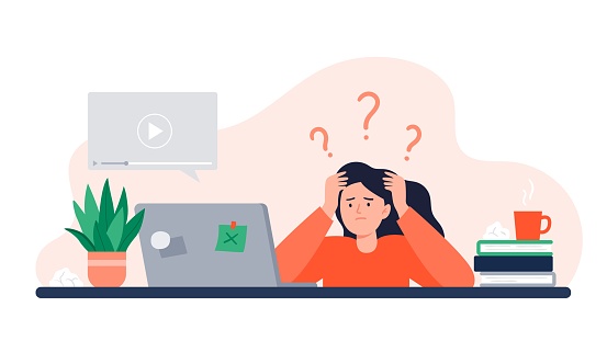 Exhausted Woman Trying Watch Online Course. Online Education, E-learning, Studying at Home, Tutorials. Vector Flat Illustration.