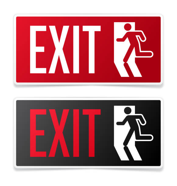 Exit Signs Exit information signs with silhouette running out of a building. door clipart stock illustrations
