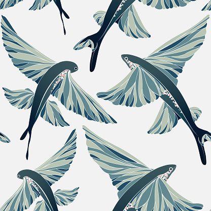 Exocoetidae or flying fish. Seamless pattern