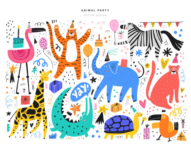 Exotic animals and event symbols illustrations set Exotic animals and event symbols illustrations set. Cute tiger, elephant, giraffe and tropical birds isolated on white background. Cakes, gift boxes, balloons doodles for kids holiday celebration humor illustrations stock illustrations