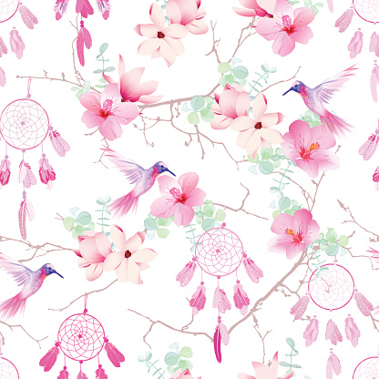 Exotic dream catchers seamless vector pattern. With flowers and hummingburds.