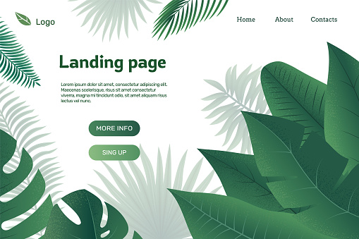 Exotic landing page. Web page with tropical foliage and botanical elements. Vector website template