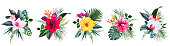 istock Exotic tropical flowers, orchid, strelitzia, hibiscus, bougainvillea, gloriosa, palm, monstera 1335988297