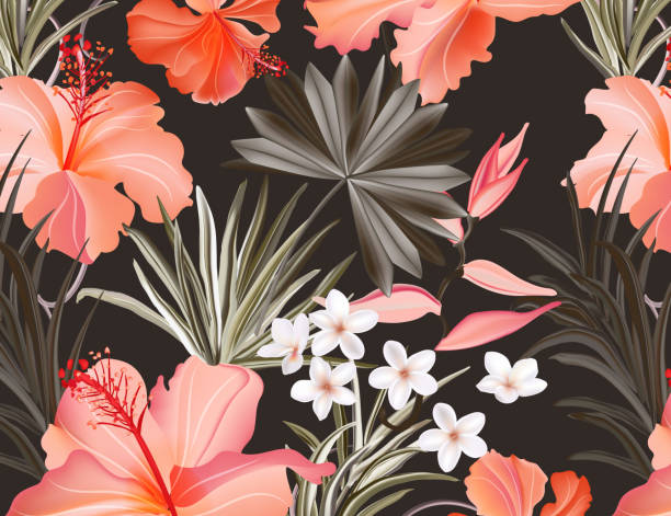 bildbanksillustrationer, clip art samt tecknat material och ikoner med exotisk tropisk hibiskus blomma, strelitzia gren, palmblad blommigparadis mönster. regnskog djungel tapeter i vektor - australia nature background