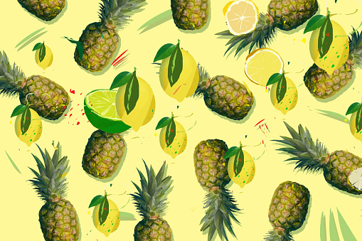 Exotic wallpaper with pineapple and lemon