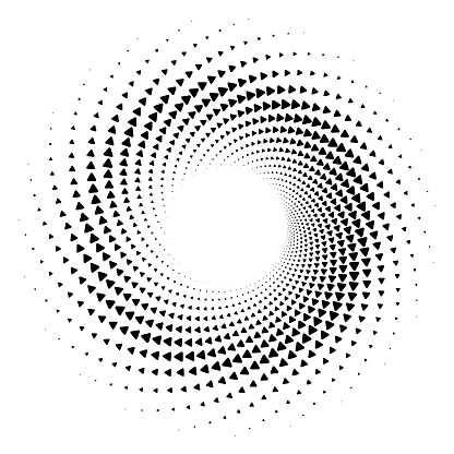 Expanding swirl pattern of rounded triangles pointing in spiral direction, on white