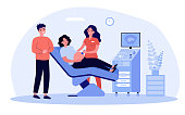 Expecting couple visiting doctor for ultrasound test. Sonographer using scanner for pregnant woman examination. Vector illustration for sonography, pregnancy, consultation concept
