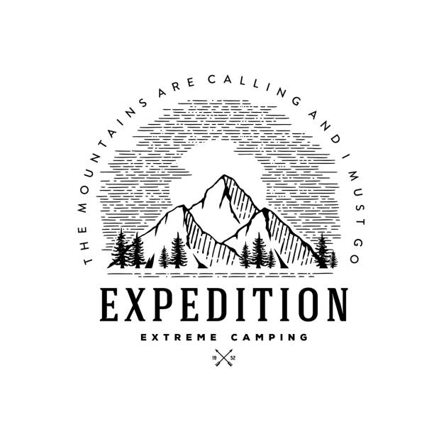 Expedition extreme camping circle white Vector illustration Expedition symbol emblem vector illustration. Outdoor adventure expedition, shirt, print stamp. Vintage typography badge design. Vector illustration adventure silhouettes stock illustrations