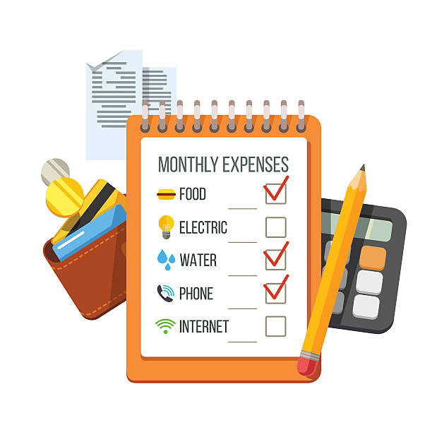 Expenses checklist, receipts, wallet, calculator Monthly expenses planning checklist with receipts, wallet and calculator. Flat style vector icon illustration. monthly event stock illustrations