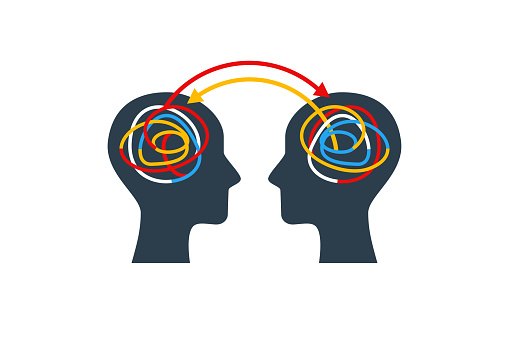 Human heads with colorful lines. Experience and knowledge exchange concept. Vector illustration. Brain as tangled knot or scribbles. Dialog or dispute infographics, business project development