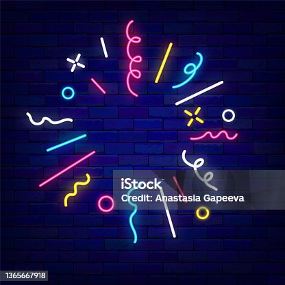 istock Exploding confetti with space for text. Neon frame. Firework with sparkles. Holiday party. Vector illustration 1365667918