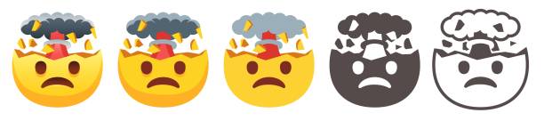 Exploding head emoji Mind blown emoticon, shocked sad yellow face with brain explosion mushroom cloud flat vector icon set human brain stock illustrations