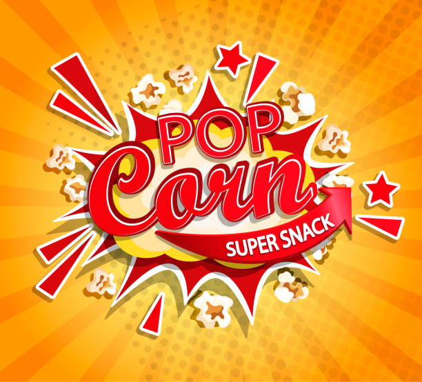 Exploding label for popcorn on sunburst background Exploding label for popcorn on sunburst background. Cartoon super snack and not healhty fast food. Perfect for your design for street trade. Vector illustration. popcorn stock illustrations