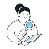 Outline cartoon woman with magnifying glass examines document in her hand. Check, search, audit, reviewing, evaluation. Thin line elegant vector character illustration on white.