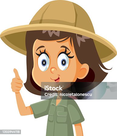 istock Explorer Girl Wearing Safari Costume Holding Thumbs Up Vector Cartoon 1355944118