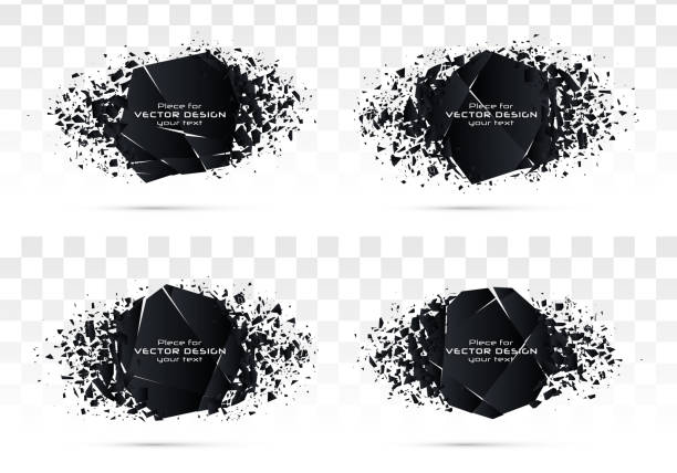 Explosion black glass. Geometric banners.Abstract explosion of black glass.Square and circle destruction shapes.3d effect of particles.Vector illustration. broken stock illustrations