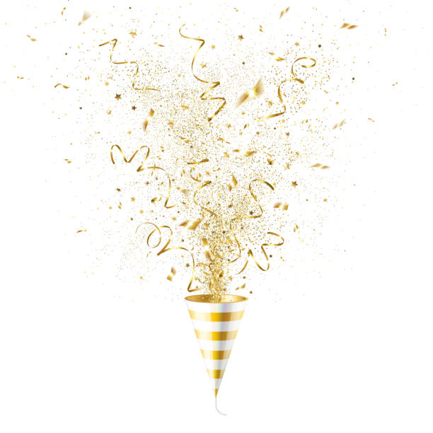 ilustrações de stock, clip art, desenhos animados e ícones de explosion party popper with gold confetti - confetti isolated