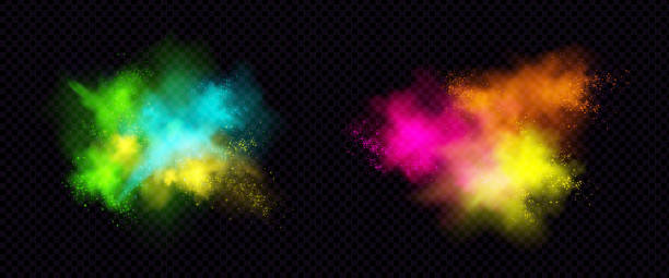 Explosions of color powder, paint dust with particles Explosions of color powder, paint dust with particles. Vector realistic set of colorful ink splashes, burst effect of powder clouds and spray isolated on transparent background colored powder stock illustrations