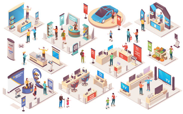 Expo center and trade show exhibition product display stands, vector isometric icons. Promo trade exposition demo stands and showcase booth racks or information desks, visitors and consultants people Expo center and trade show exhibition product display stands, vector isometric icons. Promo trade exposition demo stands and showcase booth racks or information desks, visitors and consultants people exhibition stock illustrations