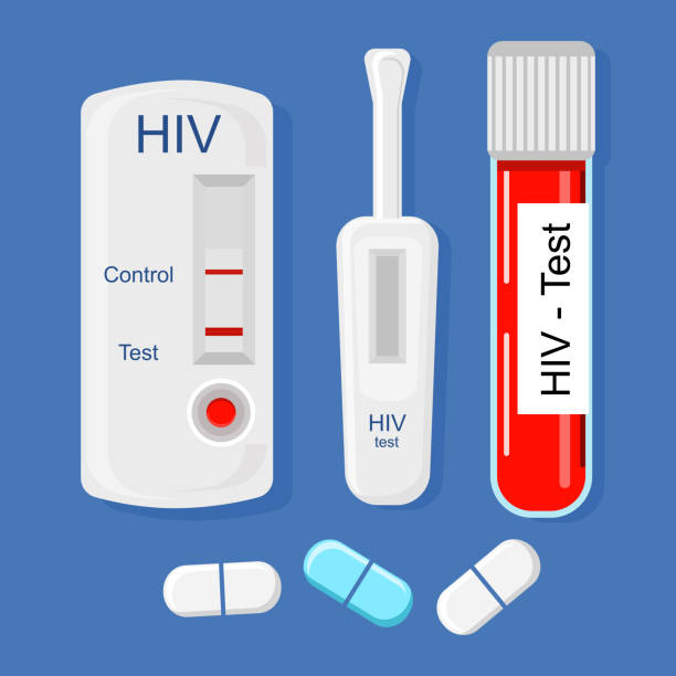 Express HIV self-test kit illustration with Laboratory tube with blood.Different types of medical tools.AiDs prevention. Immunodeficiency virus diagnostic concept.Disease transmission.Vector flat pills aids stock illustrations