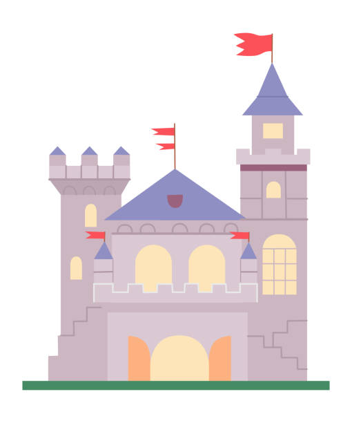 stockillustraties, clipart, cartoons en iconen met exterior of medieval gray concrete brick castle with towers and flags vector flat illustration - old stone stair