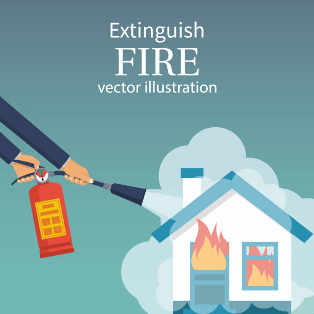 Extinguish fire in home. Burning house Extinguish fire in home. Burning house. Fireman hold in hand fire extinguisher. Vector illustration flat design. Isolated on white background. Protection from flame. Foam from nozzle. house fire stock illustrations