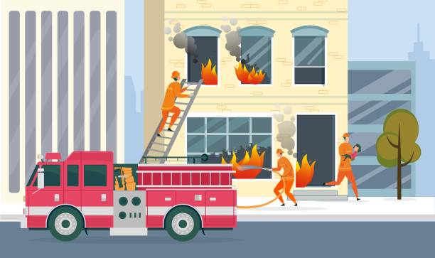 Extinguishing High-rise Building and Saving Life. Extinguishing High-rise Building and Saving Life. Firefighter Arrived at Call and Extinguish Flaming House. Employee Climb Stairs to Window, Direct Flow Water To Fire. Lifeguard Take out Girl. house fire stock illustrations