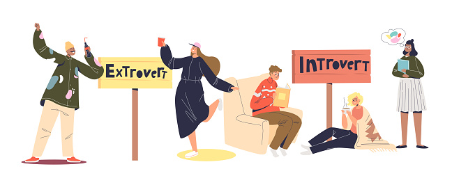 Extravert and introvert cartoon characters. Set of people of introverted and extraverted mindset. Active and calm young men and women. Flat vector illustration