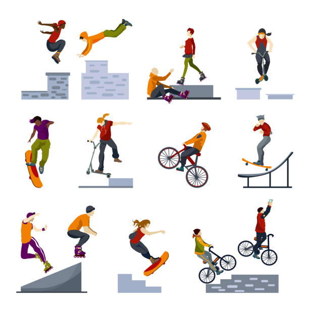 Extreme adventurous city sports flat icons collection with buildings...