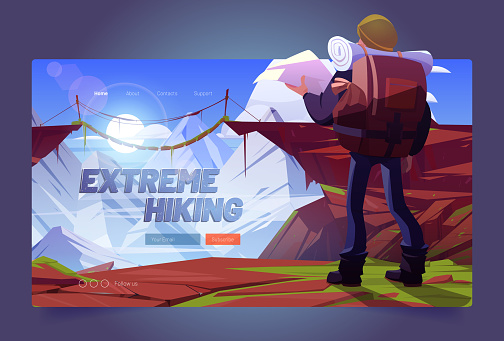 Extreme hiking cartoon landing page with traveler