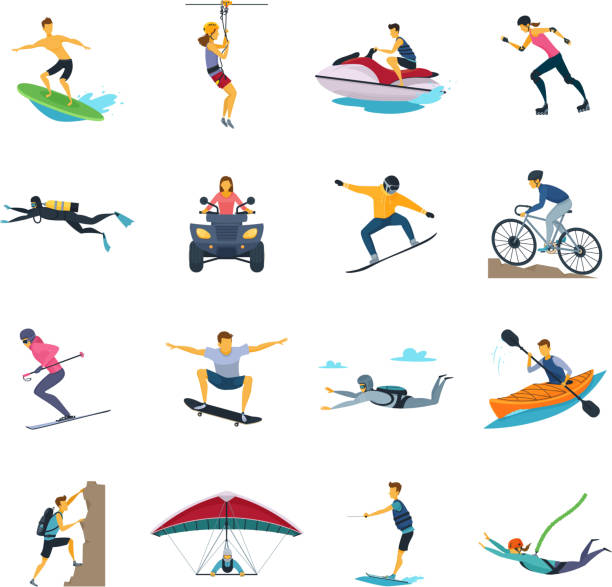 Extreme sport activities flat icons collection with whitewater...