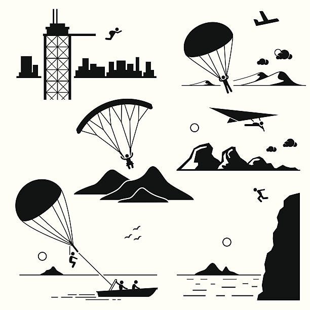 Extreme Sports Pictogram Icon Cliparts Set 2 A set of human pictogram representing the extreme sports of base jumping, parachuting, paragliding, hang gliding, parasailing, and cliff jump. cliff jumping stock illustrations