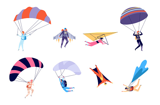 Extreme sports. Recreation, parachute sportsman jumps. Active hobbies, people on gliders paraglider flying, skydive utter vector characters