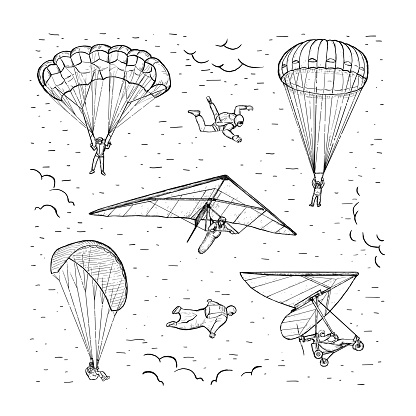 Extreme sports vector set. Sketch. People performing parachuting, hang glider, wingsuit flying and free fall.