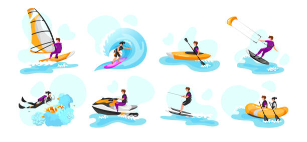 bildbanksillustrationer, clip art samt tecknat material och ikoner med extrema vattensport flat vektor illustrationer uppsättning. surfing, kanotpaddling, kajakpaddling. dykning. vattenskidåkning sportsman. kitesurfing atlet. par på båten. idrottsfolk isolerade seriefigurer - woman kayaking