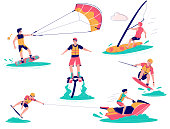 Extreme water sports male characters, vector flat illustration isolated on white background. Kiteboarding, wakeboarding, windsurfing and flyboarding beach water activities, sport and recreation.