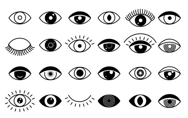 Eye icons. Open and closed human eyes, Eye icons. Open and closed human eyes, Vision and view signs shapes with eyelash, searching symbols vector set. eye silhouettes stock illustrations