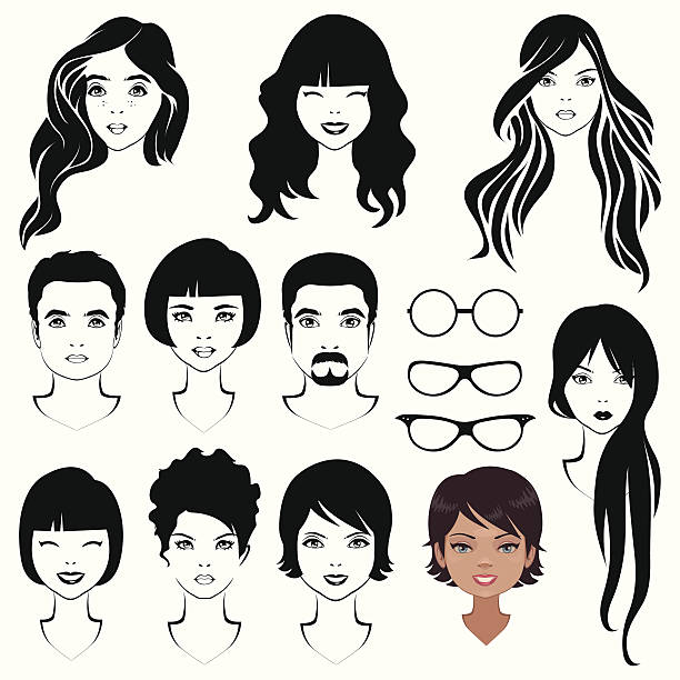 eye mustache lips and hair eye mustache lips and hair, face parts, head character eye silhouettes stock illustrations