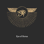 Eye of Horus, vector illustration in engraving style. Vintage pastiche of esoteric and occult sign. Drawn sketch of magical and mystical symbol.