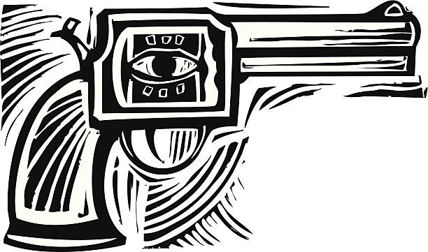 Eye Pistol Woodcut style image of a pistol with an eye on the side. nra stock illustrations