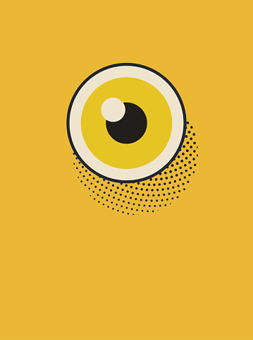 Vector illustration of a poster depicting a wide open eye, a watcher, a vigilante. Design element great as a background, wallpaper, landing page, book cover, illustration for the media and news blogs, social media platforms and a wide array of design projects. The illustration has a vintage style, a pop art touch and a soft half tone texture.