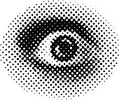 Black and white Halftone dot Pattern of terrified eye. Isolated on white. Retro style.
